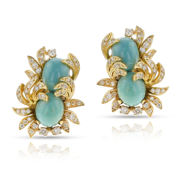 Double Turquoise Cabochon and Diamond Leaf Earrings, 18k