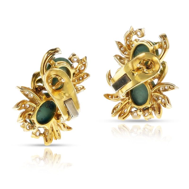 Double Turquoise Cabochon and Diamond Leaf Earrings, 18k