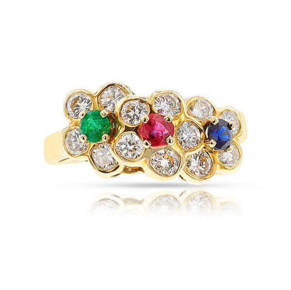 Van Cleef and Arpels Tri-Floral Emerald, Ruby, Sapphire and Diamond Ring, 18K