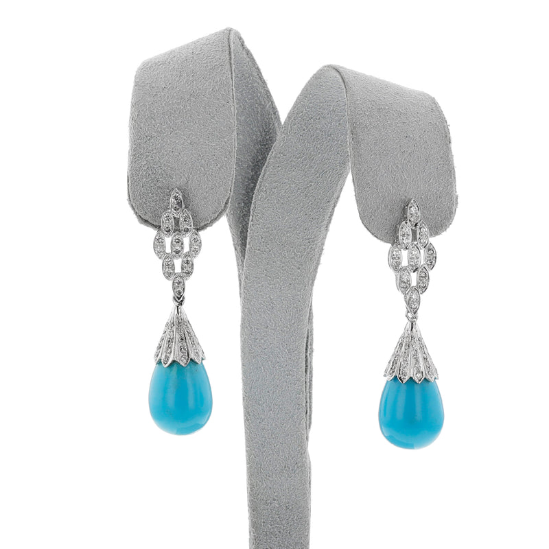 GIA Certified Natural Turquoise Drops and Diamond Earrings, 14k