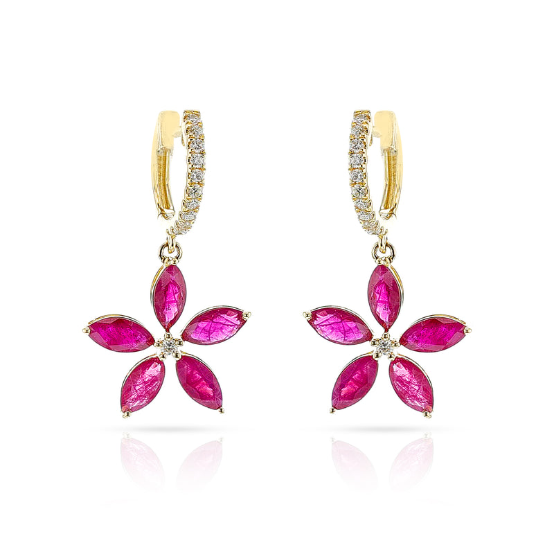 Marquise Floral Ruby and Diamond Hoop Earrings, 18k