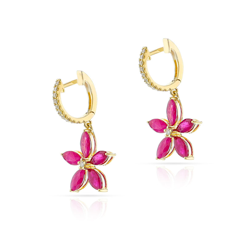 Marquise Floral Ruby and Diamond Hoop Earrings, 18k