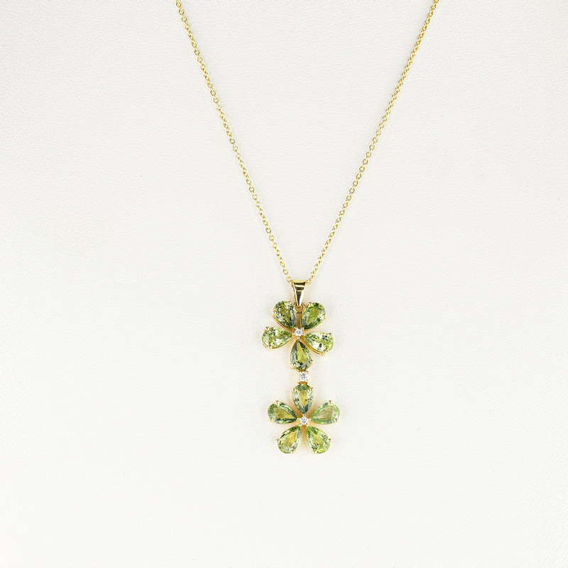 Double Green Sapphire and Diamond Floral Pendant, 18k