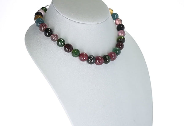 Genuine & Natural Large Round and Faceted Multi-Tourmaline Beads Necklace, 14K Gold
