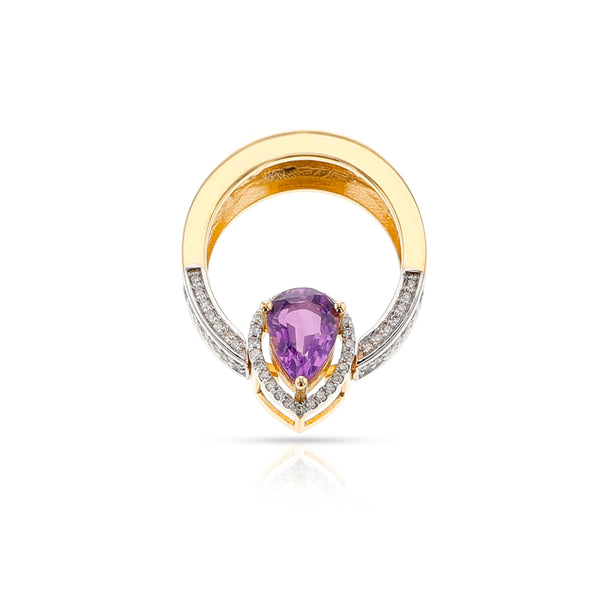 Pear Shape Large Amethyst and Diamond Convertible Ring/Pendant, 18K