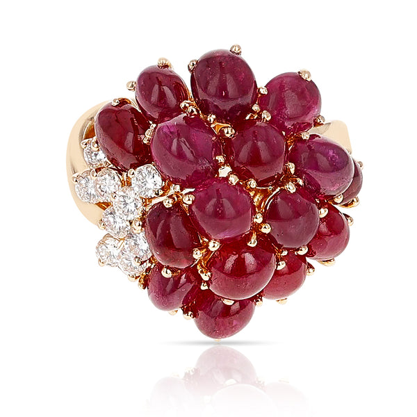 Ruby Cabochon Cluster Ring with Round Diamonds, 18 Karat Yellow Gold
