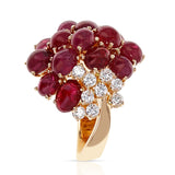 Ruby Cabochon Cluster Ring with Round Diamonds, 18 Karat Yellow Gold