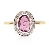 Pink Sapphire Rose Cut Ring with Diamond Halo Setting, 18k Yellow Gold