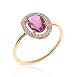Pink Sapphire Rose Cut Ring with Diamond Halo Setting, 18k Yellow Gold