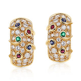 Diamond, Ruby, Emerald, Sapphire Cocktail Clip-on Earrings, 18 Karat Yellow Gold