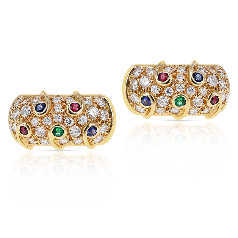 Diamond, Ruby, Emerald, Sapphire Cocktail Clip-on Earrings, 18 Karat Yellow Gold