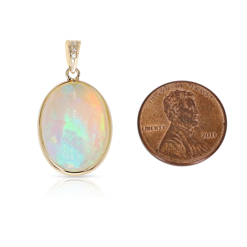 Oval Shape Opal Pendant with Diamonds, 18K Yellow Gold