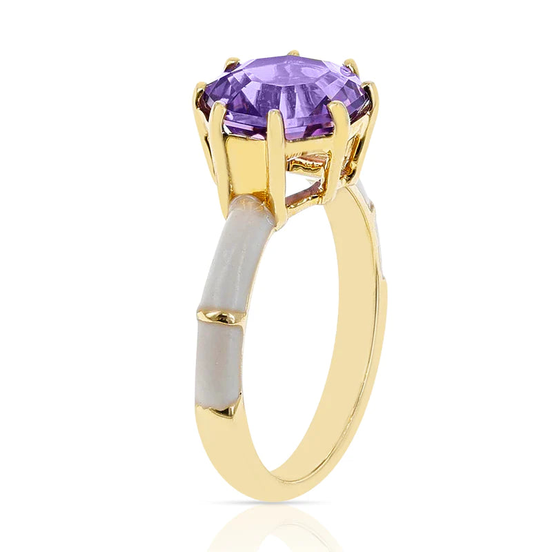 Octagonal Amethyst with Green and White Enamel, 14k Yellow Gold