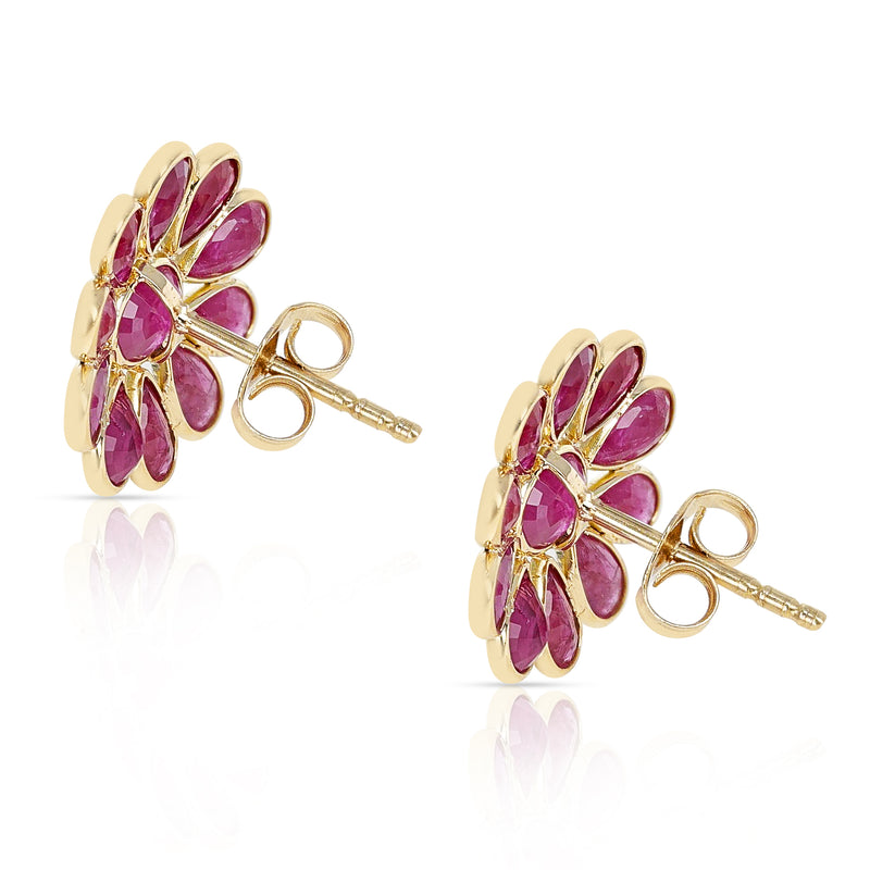 Ruby Bezel-Set Oval and Pear Shape Floral Earrings made in 18 Karat Yellow Gold.