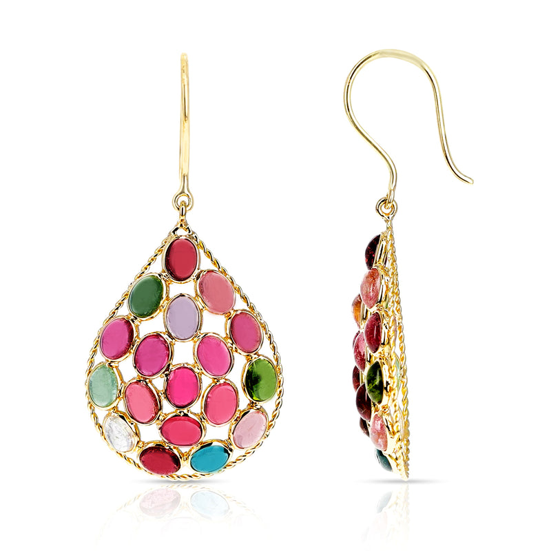 Pear Shape Dangling Tourmaline Cabochon Earrings, 18k