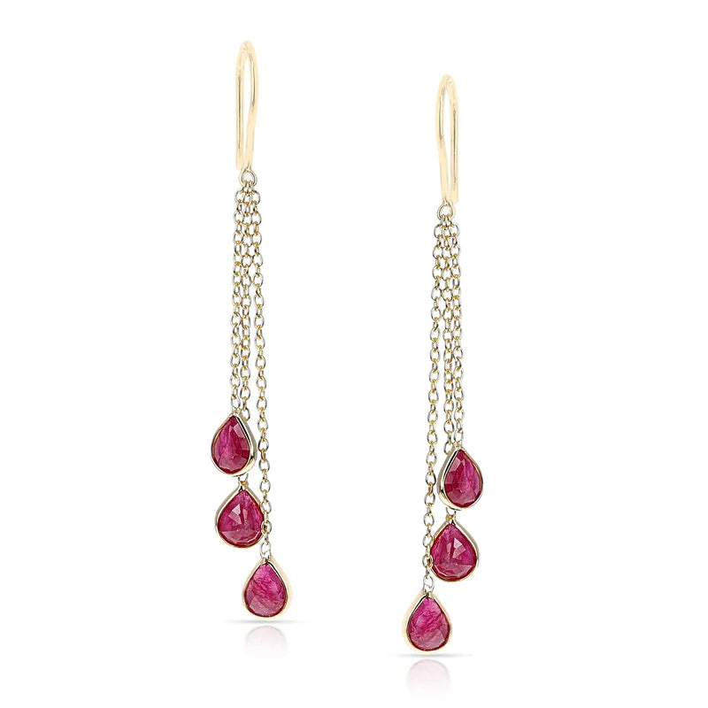 Ruby, Sapphire, Emerald Dangling Drops Earrings made in 18 Karat Yellow Gold.