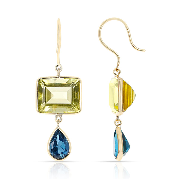 Lemon Quartz and London Blue Topaz in Rectangular and Pear Shape Dangling Earrings made in 18 Karat Yellow Gold.