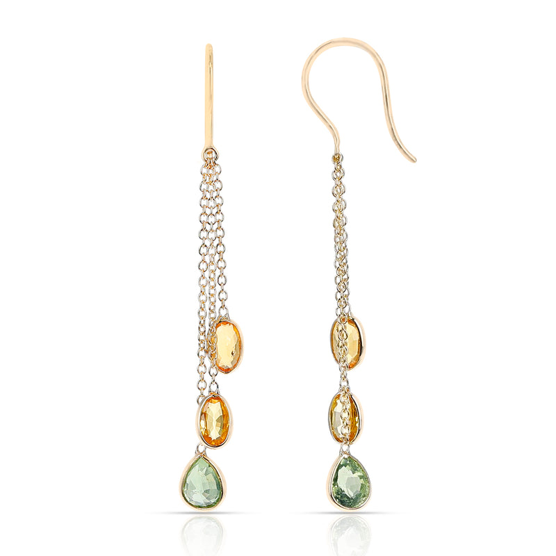 Multi Sapphire Oval and Pear Shape Dangling Earrings made in 18 Karat Yellow Gold.