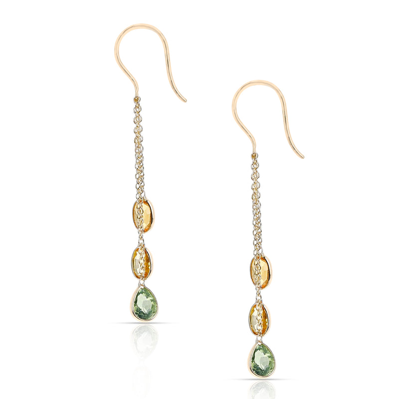 Multi Sapphire Oval and Pear Shape Dangling Earrings made in 18 Karat Yellow Gold.
