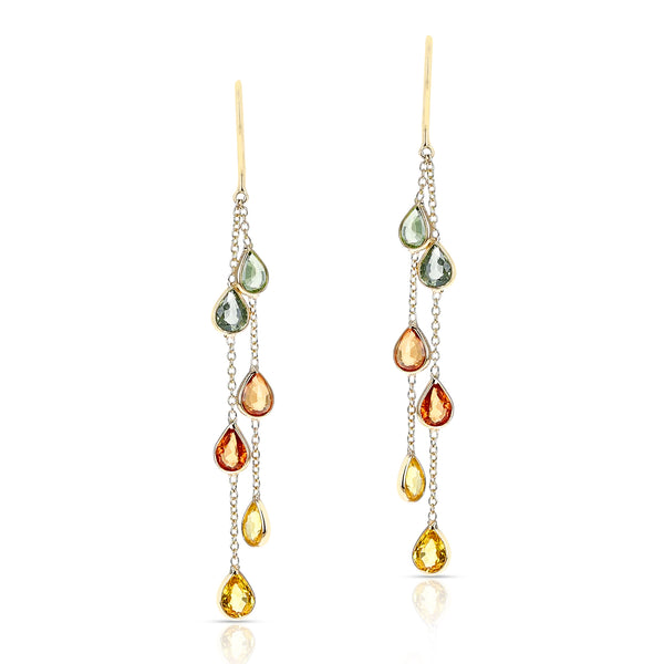 Multi Sapphire Oval Pear Shape Dangling Earrings made in 18 Karat Yellow Gold.