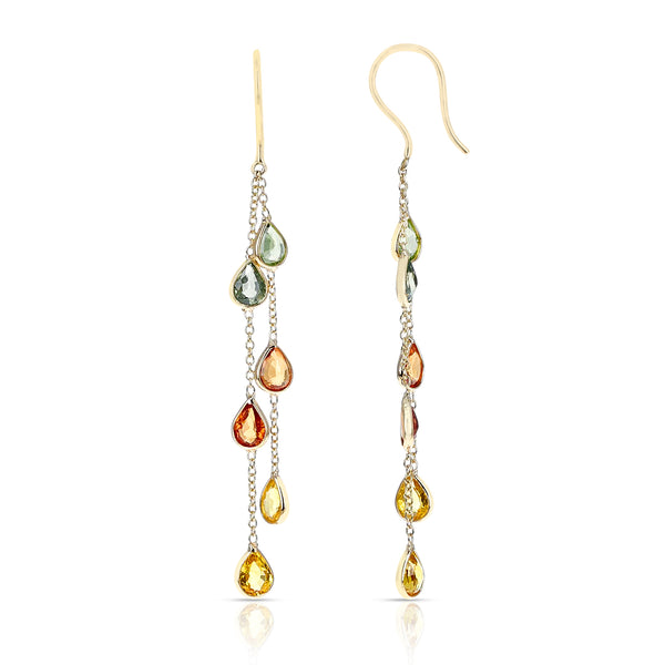 Multi Sapphire Oval Pear Shape Dangling Earrings made in 18 Karat Yellow Gold.