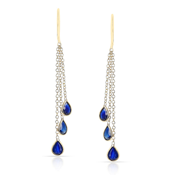 Blue Sapphire Pear Shape Dangling Earrings made in 18 Karat Yellow Gold.