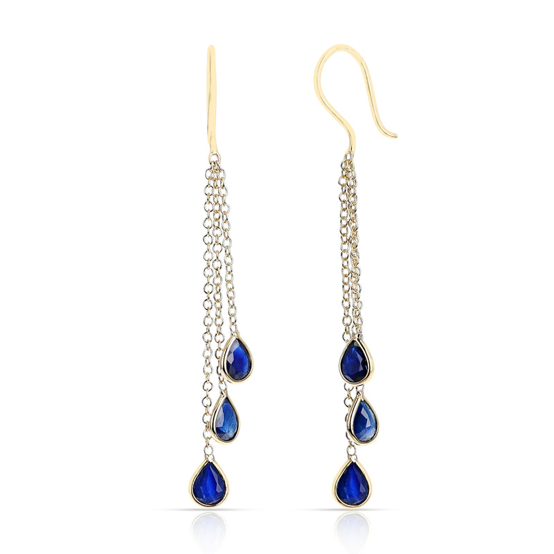 Blue Sapphire Pear Shape Dangling Earrings made in 18 Karat Yellow Gold.