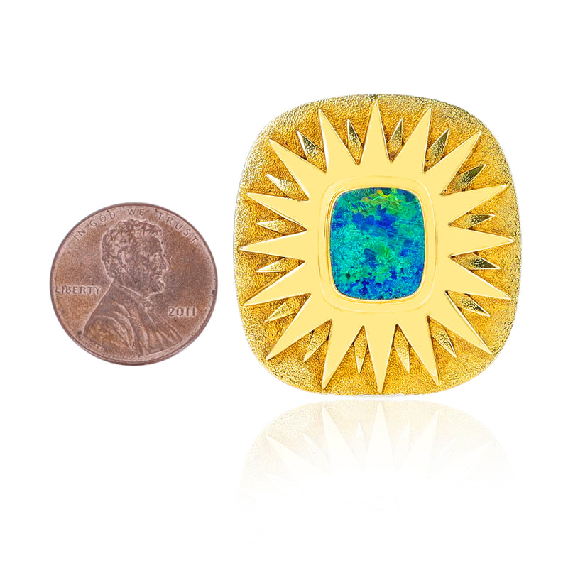 Square Opal Star Brooch Pin, 18 Karat Yellow Gold