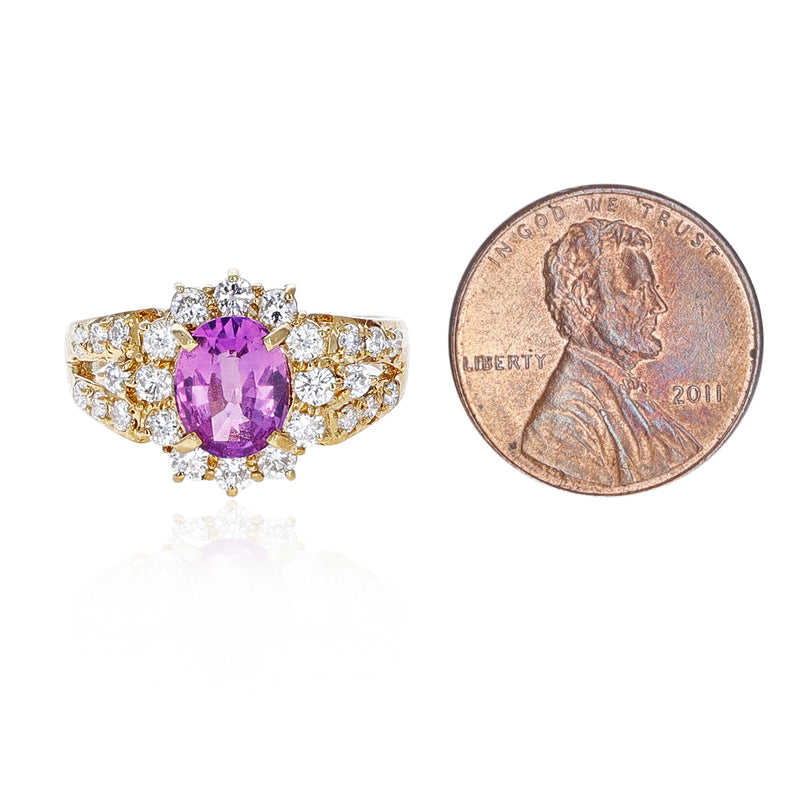1.72 ct. Oval Pink Sapphire and 1.30 ct. Diamond Ring, 18K Yellow Gold