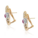 14K Hammered Gold Oval Ruby Cabochon and Diamond Oval Earrings