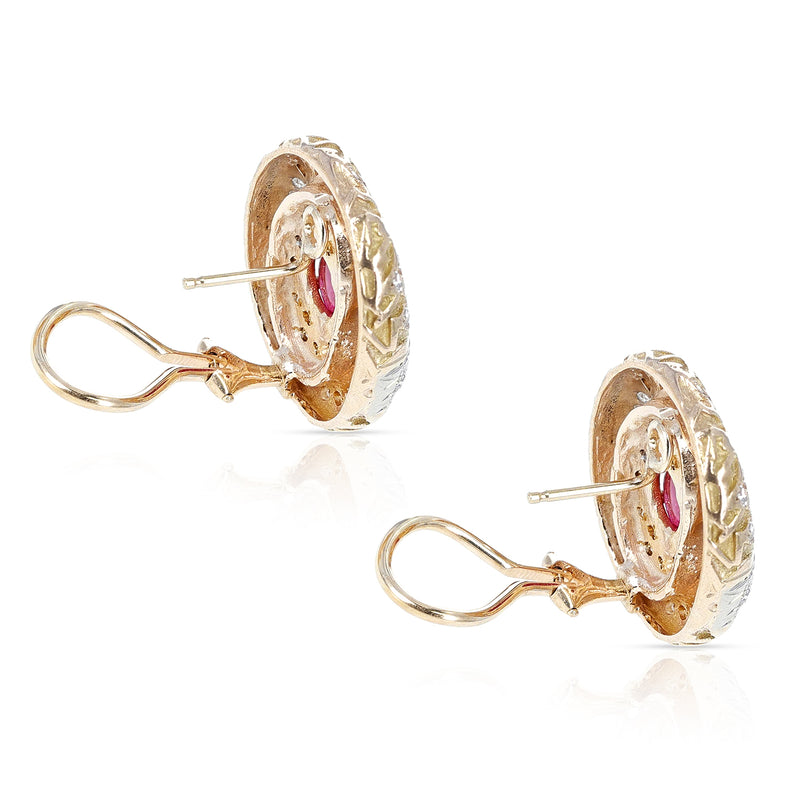 14K Hammered Gold Oval Ruby Cabochon and Diamond Oval Earrings
