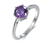 Round Solitaire Six Prong Amethyst Purple Cubic Zirconia Sterling Silver Ring