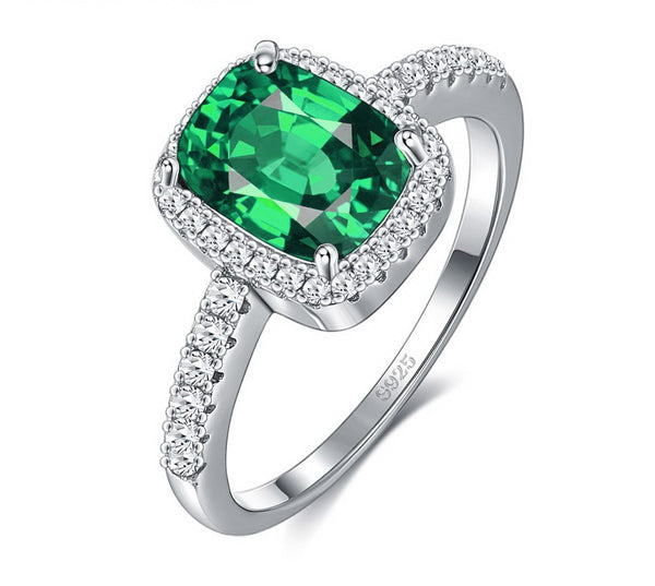 Classic Cushion Emerald Green Cubic Zirconia, Sterling Silver Halo Ring