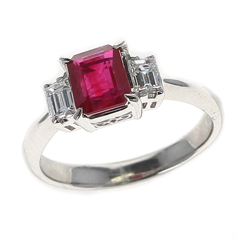 GIA Certified 1.25 Carat Emerald-Cut Burma Ruby Three-Stone Diamond Ring