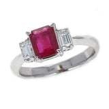 GIA Certified 1.25 Carat Emerald-Cut Burma Ruby Three-Stone Diamond Ring