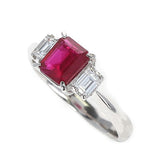 GIA Certified 1.25 Carat Emerald-Cut Burma Ruby Three-Stone Diamond Ring