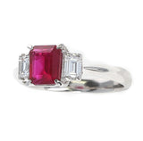 GIA Certified 1.25 Carat Emerald-Cut Burma Ruby Three-Stone Diamond Ring