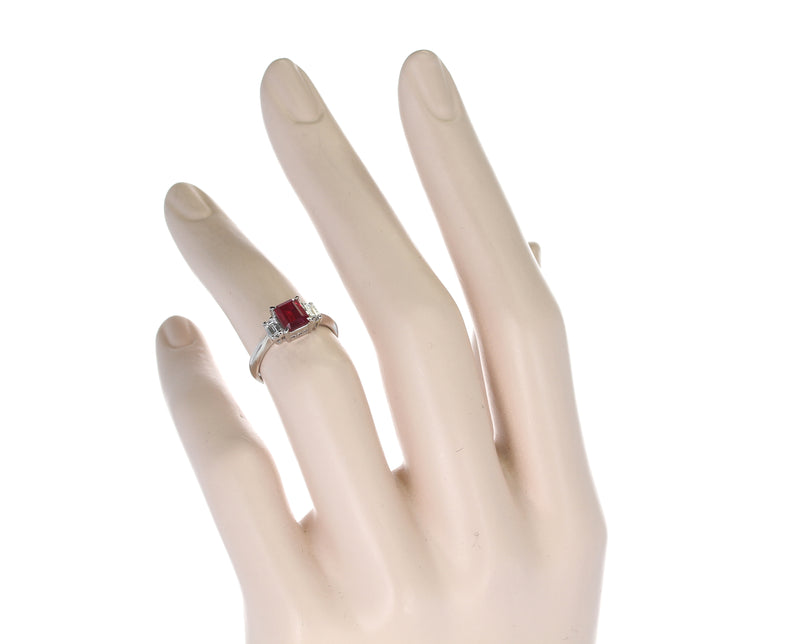 GIA Certified 1.25 Carat Emerald-Cut Burma Ruby Three-Stone Diamond Ring