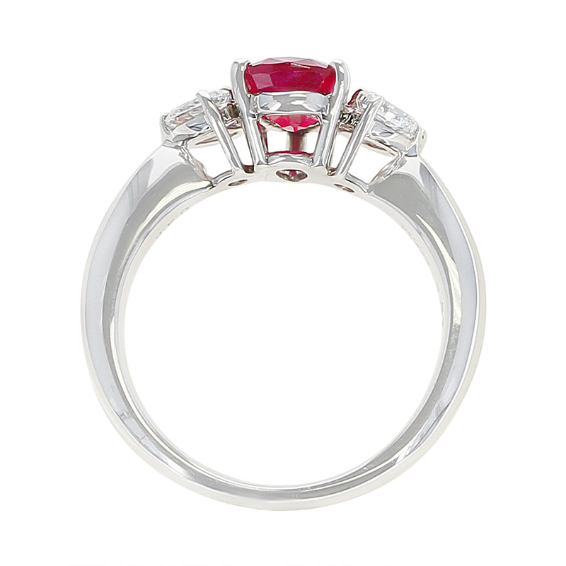 Pear Shape Ruby and Diamond Three Stone Ring, Platinum