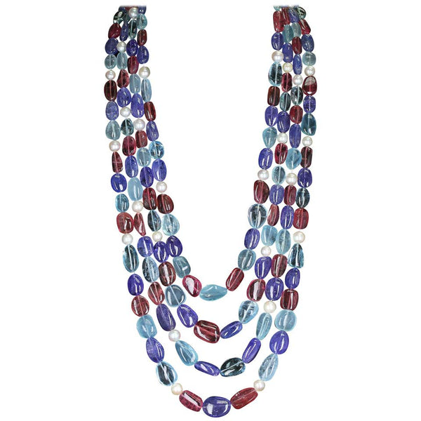 Tumbled Aquamarine, Tourmaline, Tanzanite and Pearl Beads Necklace