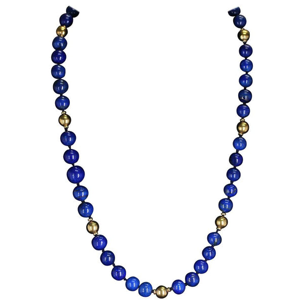 Large Round & Smooth Lapis Lazuli Beads and Gold Beads Necklace