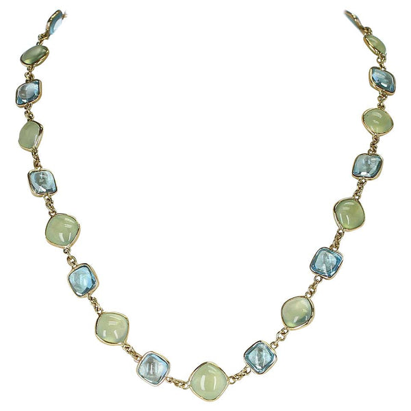 Smooth Blue Topaz and Green Prehnite Double Cabochon Fine 18K Yellow Gold Necklace