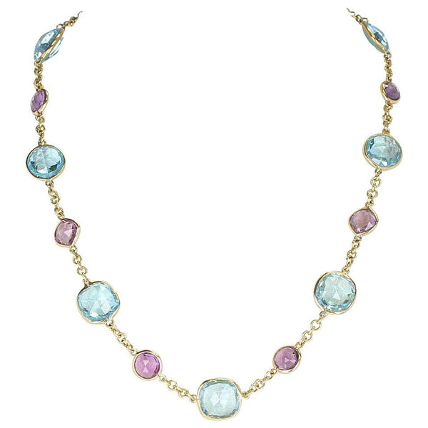 Amethyst and Blue Topaz Faceted Double Cabochon Rose Cut 18K Fine Necklace