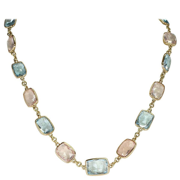 Rectangular Blue Topaz and Rose Quartz Faceted Necklace 18K Fine Necklace