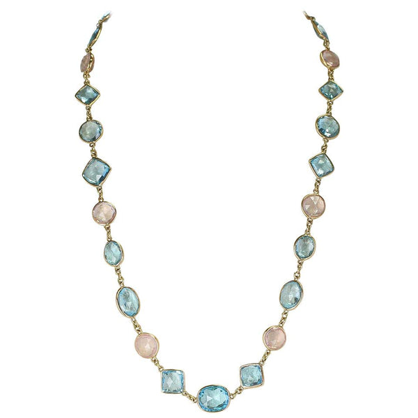 Round Rose Quartz and Oval and Diamond Blue Topaz Faceted Necklace 18K Fine Necklace