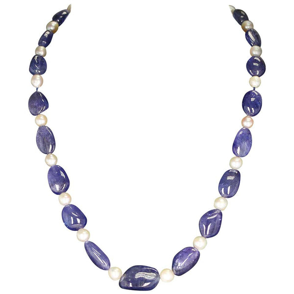 Tanzanite Tumbled Beads & Pearl Necklace, 14K Yellow Gold Clasp