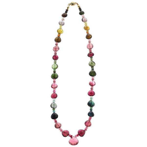 Tourmaline Faceted Drops with Beads Necklace, Gold Plated Clasp