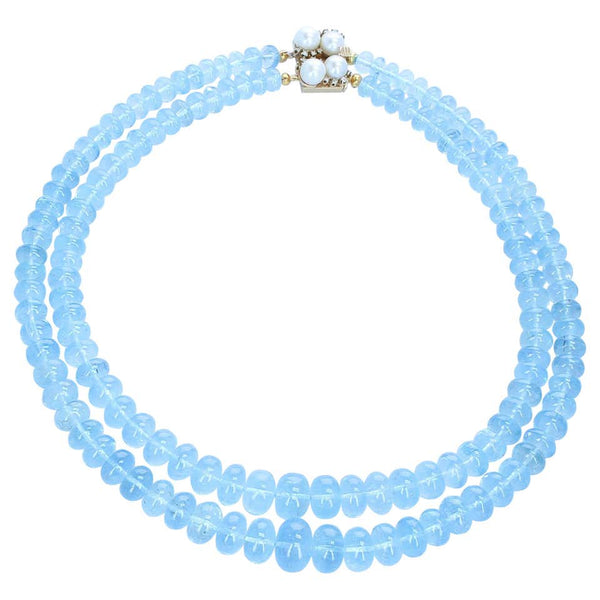 Large Aquamarine Smooth Beads with Pearl Clasp, 14K