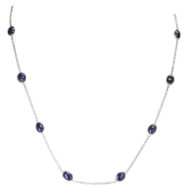 Dark Blue Sapphire Cabochon Necklace, Sterling Silver