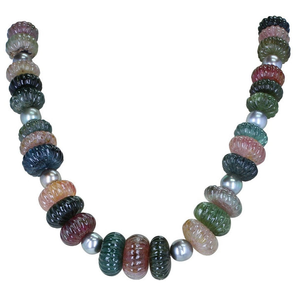 Tourmaline Carved Beads Necklace with Tahitian Pearls and Emerald Clasp